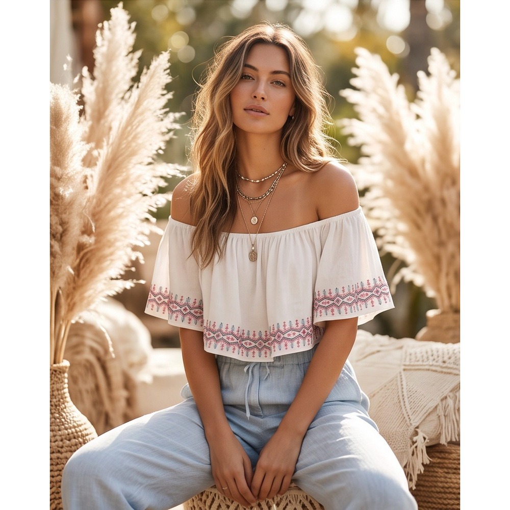 Torrid 4 Cream Boho Off Shoulder Southwestern Embroidered Rayon Blouse 4X